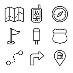 Poster - Navigation Icon Grid. Outline icon set of navigation and route planning: paper map, GPS device, compass, waypoint flag, mile