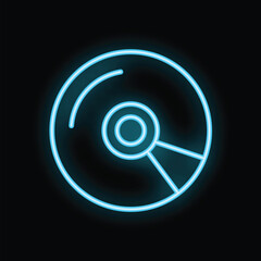 Fototapete - Bright blue neon sign in the shape of a compact disc is glowing on a black background