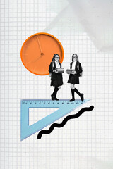 Poster - Vertical pop poster banner collage of two happy classmates hold book stand time expire ruler math subject measurement centimeter