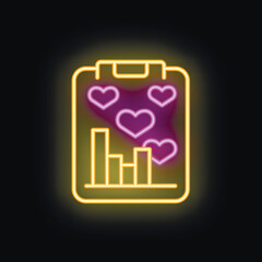 Poster - Neon icon of a clipboard displaying a growing bar chart surrounded by hearts, representing the concept of customer relationship management