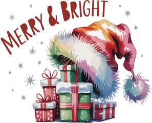 Poster - A christmas illustration with gifts and a santa hat and text art