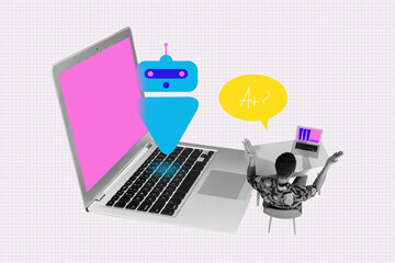 Poster - Image poster trend collage of questioned schoolboy sit back desk laptop mark bubble artificial intelligence prompt robot