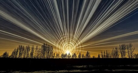 Timelapse of star trails radiating from the center over a snowy landscape with silhouetted trees.