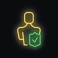 Fototapete - Neon icon representing the concept of user account security with a stylized human figure and a shield