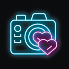 Poster - Glowing neon camera icon is capturing love with two bright hearts, perfect for photography and romance