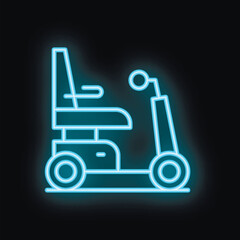 Poster - Blue neon sign representing a modern electric wheelchair, evoking mobility assistance for people with disabilities