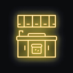 Poster - Glowing yellow neon sign depicting a kitchen counter with cabinets and oven, perfect for restaurant or food related designs