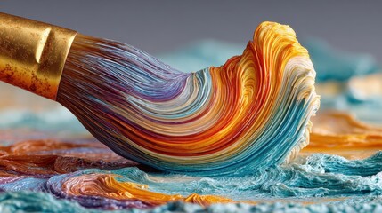 Aufkleber - Paintbrush creates a colorful swirl of teal, orange, and yellow hues on a textured surface