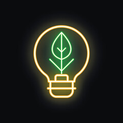 Poster - Neon sign of a green leaf growing inside a lightbulb symbolizing green energy and eco friendly ideas
