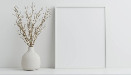 Poster - Stylish White Frame Mockup With Dried Twigs In Vase Displayed On Bookshelf Or Desk For A Minimalist Aesthetic. White Background.