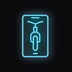 Poster - Bright glowing neon icon of a bike sharing app displayed on a smartphone screen