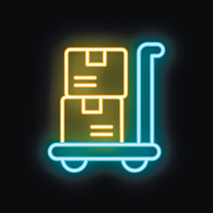 Poster - Neon sign representing a hand truck carrying cardboard boxes, perfect illustration for delivery service