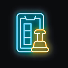Poster - Glowing neon line icon of a hand holding a smartphone with a gps navigation app showing location on map