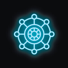 Poster - Blue glowing neon icon representing a network hub with a central core and nodes connected to it on a black background