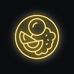 Poster - Yellow glowing neon icon of a plate with food, isolated on a black background