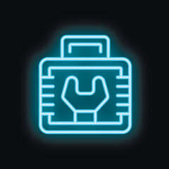 Poster - Neon blue toolbox icon glowing on black background representing online support, technical assistance and customer service