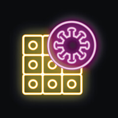 Poster - Glowing purple and yellow neon icon of a virus penetrating a computer system with a firewall