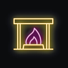 Poster - Neon fireplace icon glowing with purple and yellow light on a black background