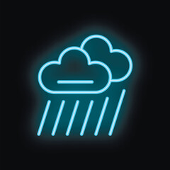 Poster - Bright blue neon sign depicting two clouds raining on a black background