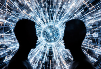 Poster - Two Silhouettes Facing Each Other with Digital Abstract Background.