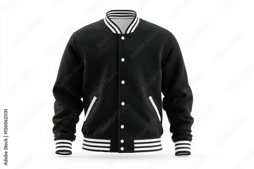 A sleek black varsity jacket featuring white stripes and accents. Perfect for casual outings or sports events, designed for comfort and style. Ideal for layering during cooler weather.