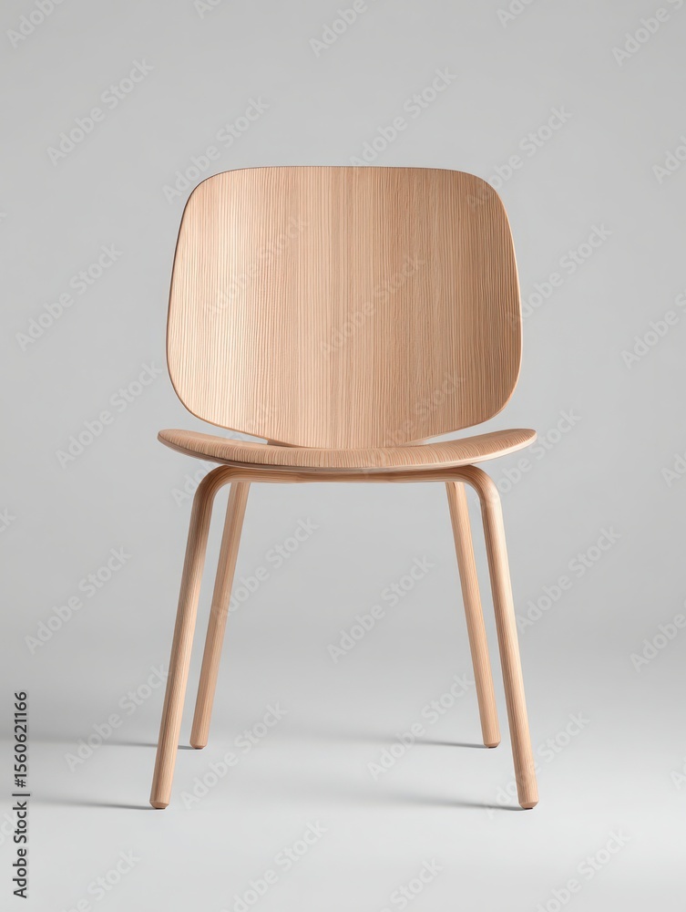 A minimalist wooden chair showcases sleek lines and a light wood finish. Its simple design makes it ideal for contemporary homes or offices, blending seamlessly with various decor styles.