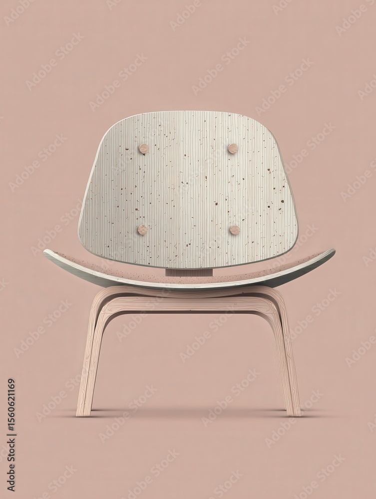 A contemporary chair displays minimalist design with a smooth, rounded backrest and light wooden legs. The soft pink background enhances the chairs clean lines and artistic appeal.