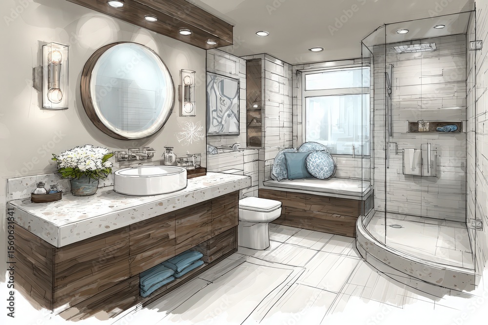 This well-designed bathroom showcases a modern aesthetic with a large round mirror, a sleek vanity, and a luxurious shower. Natural light floods the space, enhancing the tranquil atmosphere.