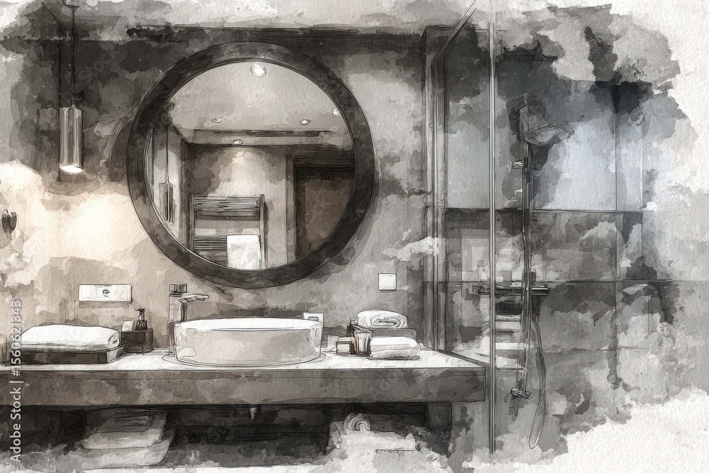 This stylish bathroom showcases a round mirror and a sleek sink, adorned with neatly arranged towels and skincare products. The lighting enhances the contemporary design and ambiance.