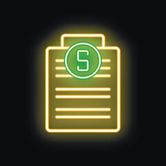 Poster - Glowing neon line clipboard with coin icon isolated on black background