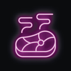 Poster - Vibrant neon icon depicting a cooked steak with steam rising from it, set against a black background
