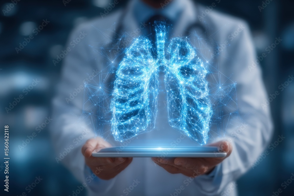 A healthcare provider stands in a modern medical environment, holding a tablet displaying a holographic representation of human lungs.