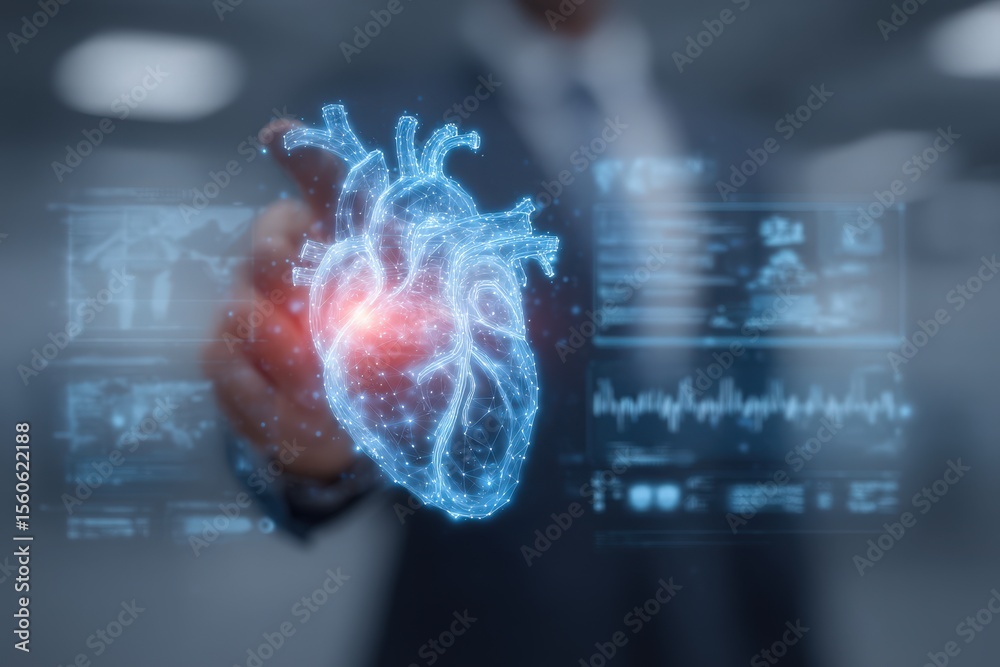 A professional in a suit interacts with a holographic display of a glowing human heart. The setting suggests a futuristic medical environment, enhancing the focus on healthcare technology.