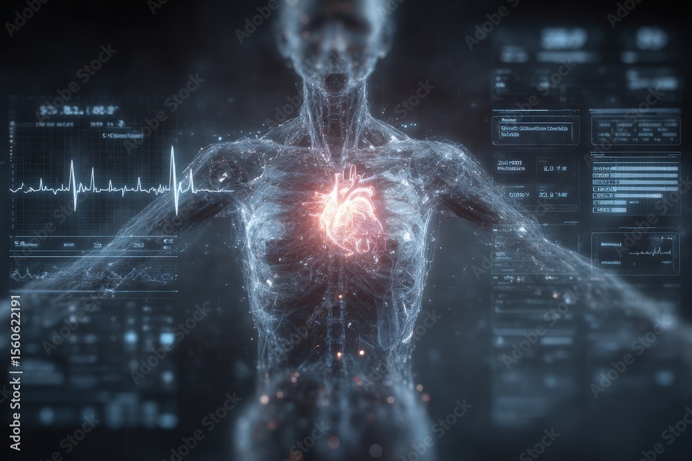 A translucent digital figure displays a glowing heart at its center, surrounded by data graphs and vital signs. The scene conveys a blend of technology and human biology.