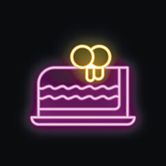 Poster - Bright purple and yellow neon sign of a cake with icing on a black background