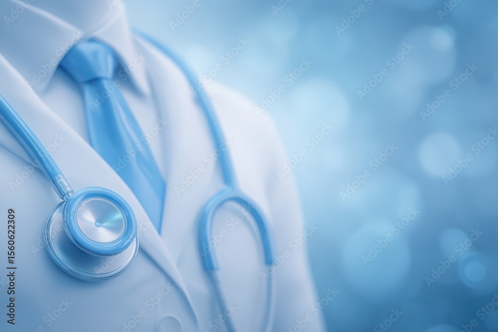 A healthcare professional dressed in a white coat and blue tie is shown, with a stethoscope resting on their neck. The soft blue background adds a calming, professional ambiance.