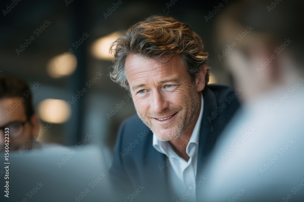 A man with wavy gray hair smiles while conversing with colleagues at a conference table. They are in a contemporary office filled with natural light, focusing on a laptop and ideas.