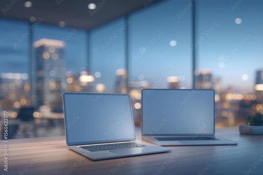 Two laptops sit on a sleek wooden table in a modern office, with a stunning city skyline illuminated by evening lights visible through large windows.