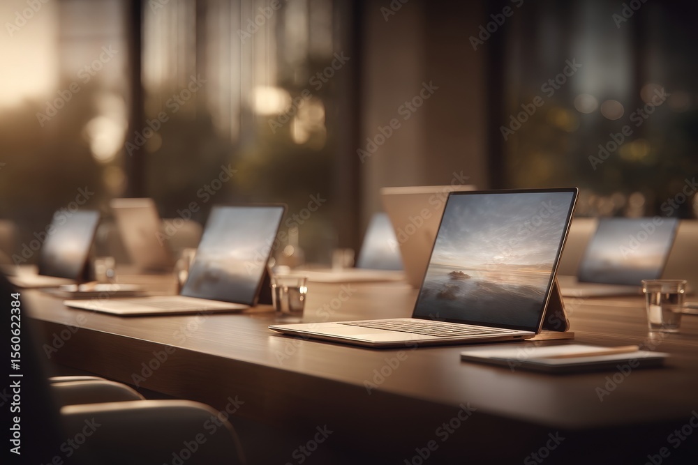 A spacious office features several laptops arranged neatly on a long wooden table. Soft sunlight filters through large windows, creating a warm atmosphere perfect for productivity.