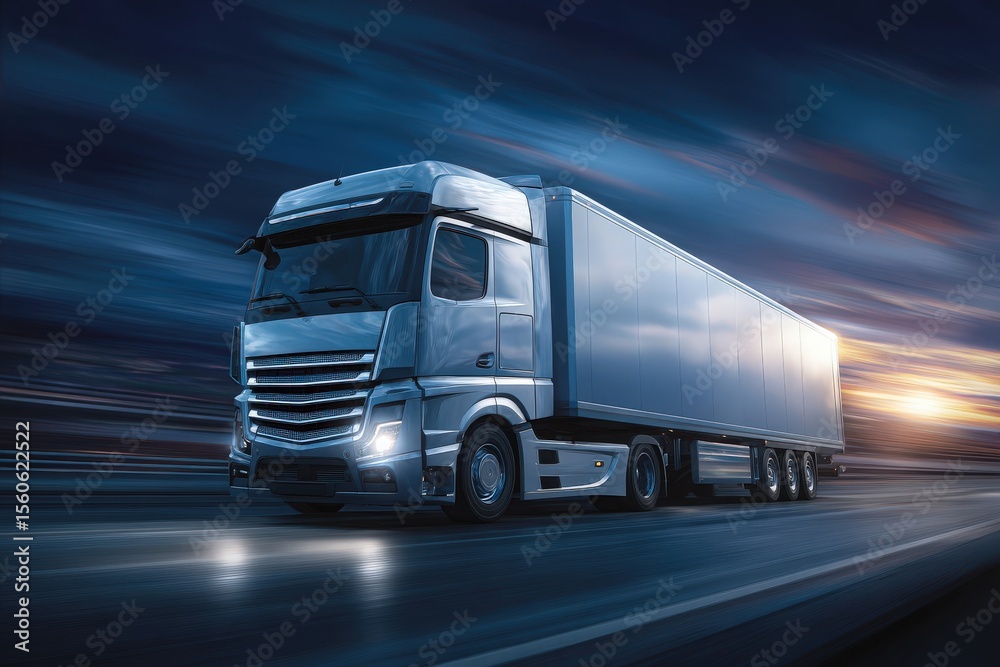 A silver truck travels rapidly along a highway as the sun sets, casting warm colors across the sky. The scene reflects a dynamic atmosphere with motion and energy.