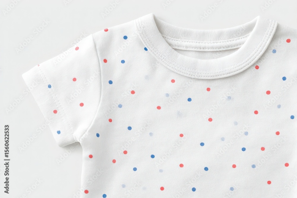 Soft white baby shirt featuring an adorable pattern of colorful polka dots in red, blue, and silver. Perfect for casual outings or special celebrations, suitable for infants.