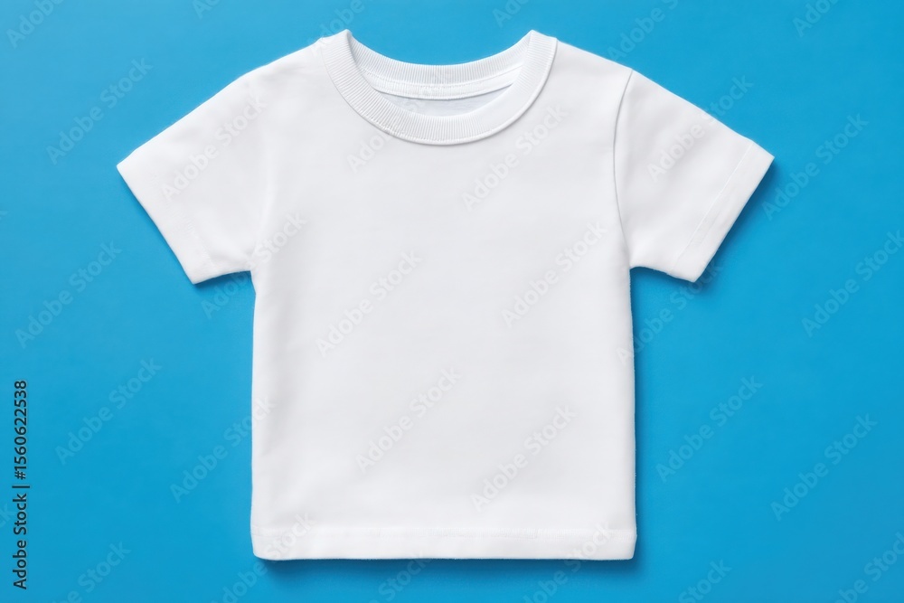 A plain white short-sleeve t-shirt laid flat on a vibrant blue background. The design is minimalistic and suitable for casual wear or branding purposes.