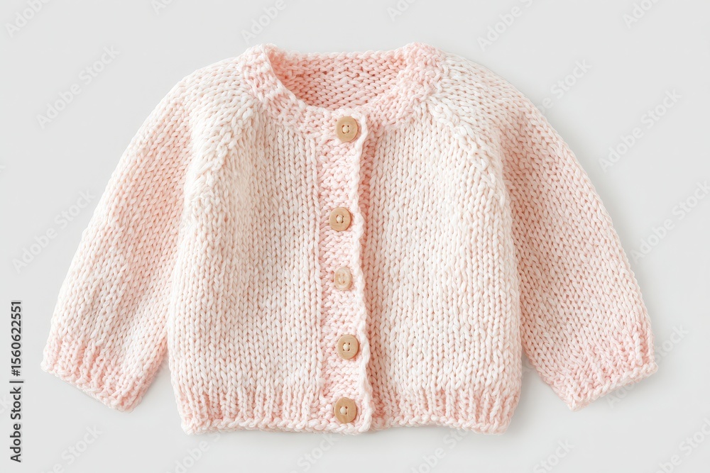 This cozy baby cardigan features a soft pink hue, crafted from warm knit fabric. It includes a round neckline and five wooden buttons for secure closure, ideal for chilly days.