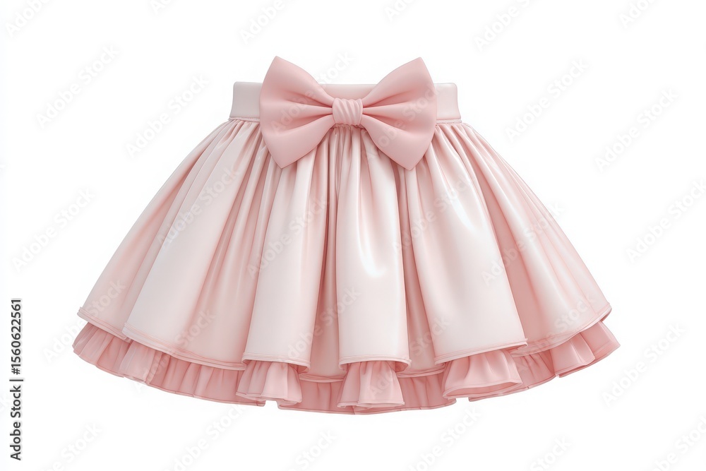 This soft pink skirt features a large bow at the waist and a layered ruffle design, ideal for childrens outfits. The fabric appears shiny, adding a playful touch to any dressy occasion.