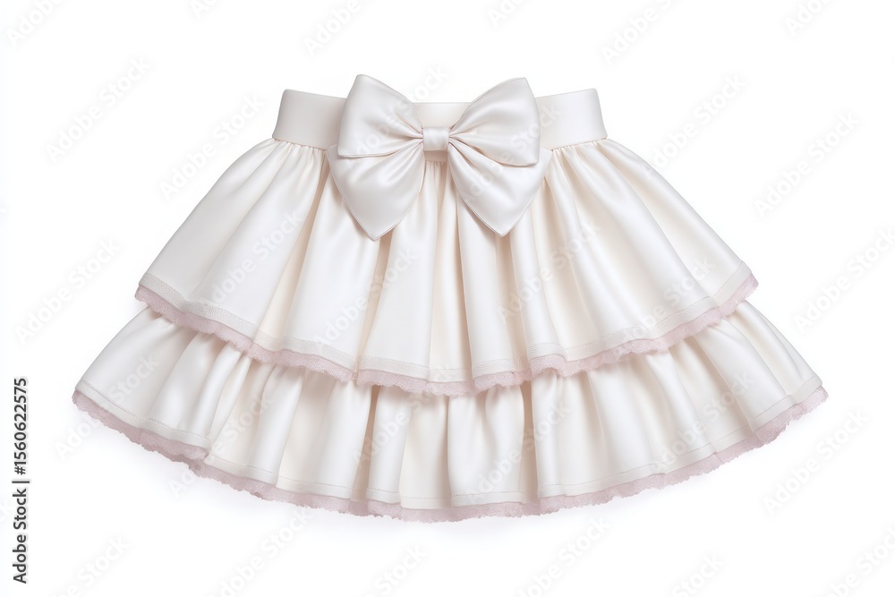 A fluffy white skirt featuring three layers and a large bow at the waist is showcased. This elegant garment is ideal for birthdays, parties, and other festive events, adding charm to any outfit.