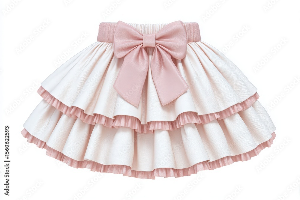 This cute tiered skirt features a blush ribbon bow at the waist and layers of soft fabric in shades of pink and cream, perfect for childrens dress-up occasions or casual outfits.
