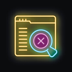 Poster - Neon icon of a magnifying glass showing a website error message, representing the concept of debugging