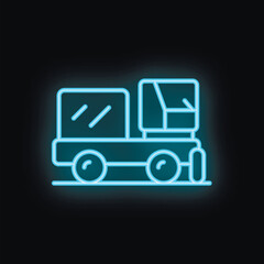 Poster - Blue neon icon of a delivery truck representing fast shipping service glowing on a dark background