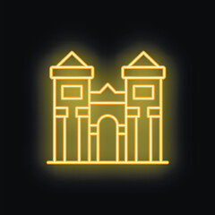 Poster - Neon sign of a medieval castle with towers, glowing yellow on black background