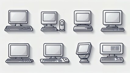 Fototapete - Illustration of eight vintage computer setups with monitors and keyboards on a white background